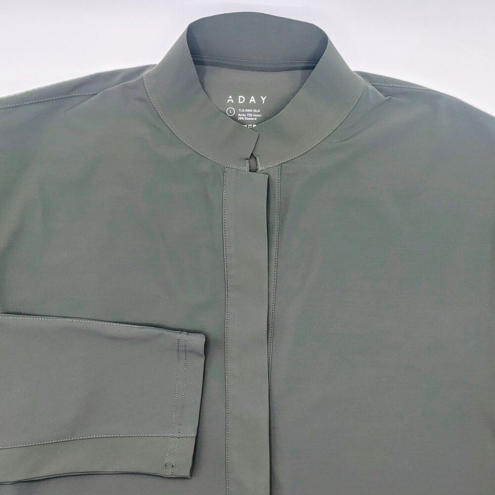 ADAY Something Borrowed Shirt Women's Large Moss Green Tunic Mandarin Collar